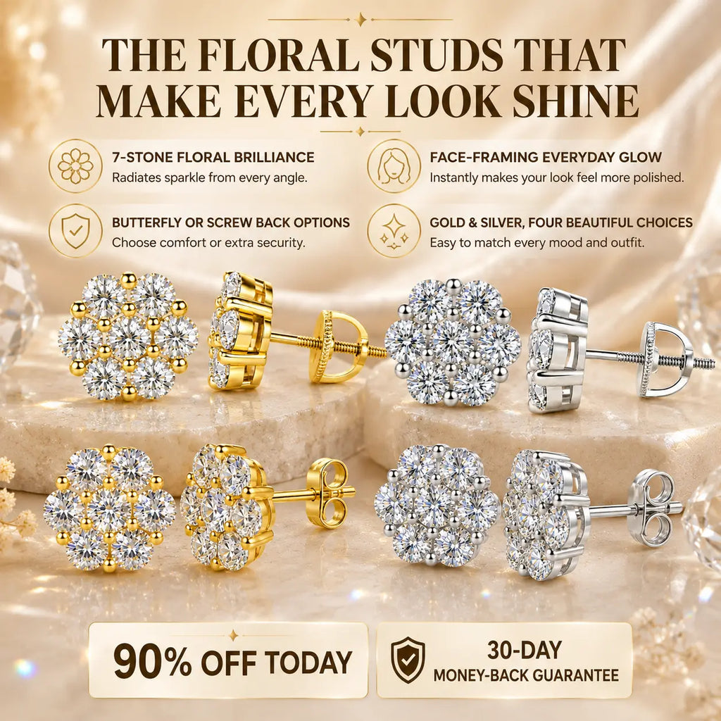 The Floral Stud Earrings That Make Every Look Shine — 7-Stone Moissanite Brilliance with Gold & Silver Finishes and Butterfly or Secure Screw Back Options | Gold or Silver | Last Day Sale-90% OFF🔥