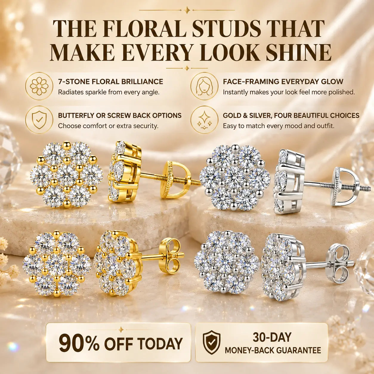 The Floral Stud Earrings That Make Every Look Shine — 7-Stone Moissanite Brilliance with Gold & Silver Finishes and Butterfly or Secure Screw Back Options | Gold or Silver | Last Day Sale-90% OFF🔥