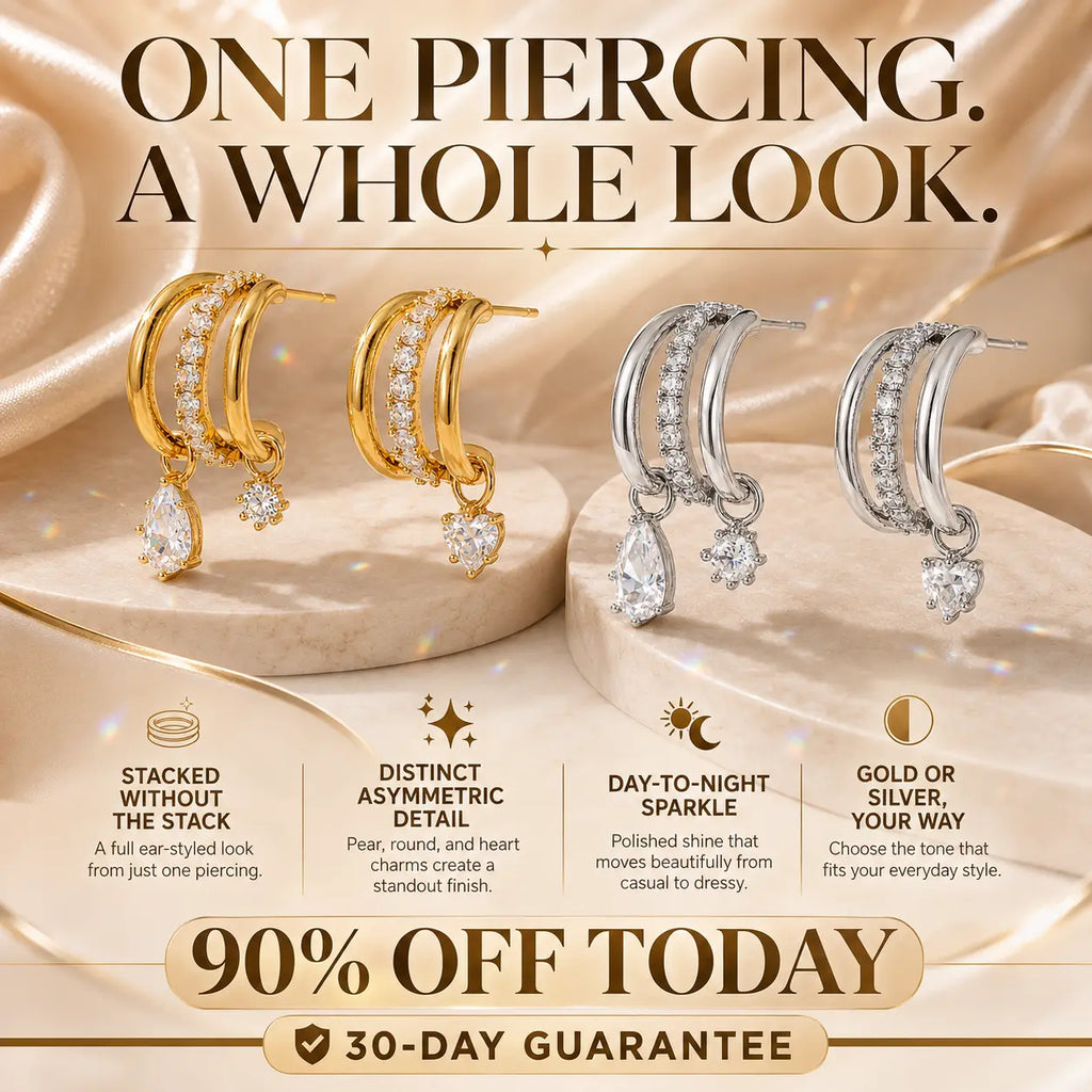 The Three Wishes™ Asymmetric Sparkle Hoop Earrings, One Piercing, A Whole Look — Asymmetric Triple-Row Sparkle Hoop Earrings with Floating Pear, Round & Heart Charms | Gold or Silver | Last Day Sale-90% OFF🔥