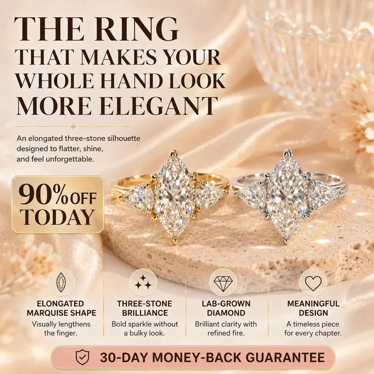 The Marquise Embrace™ Lab-Grown Diamond Three-Stone Ring – Elongated Brilliance, Flattering Elegance & Meaning for Every Chapter | Gold or Silver | Last Day Sale-90% OFF🔥