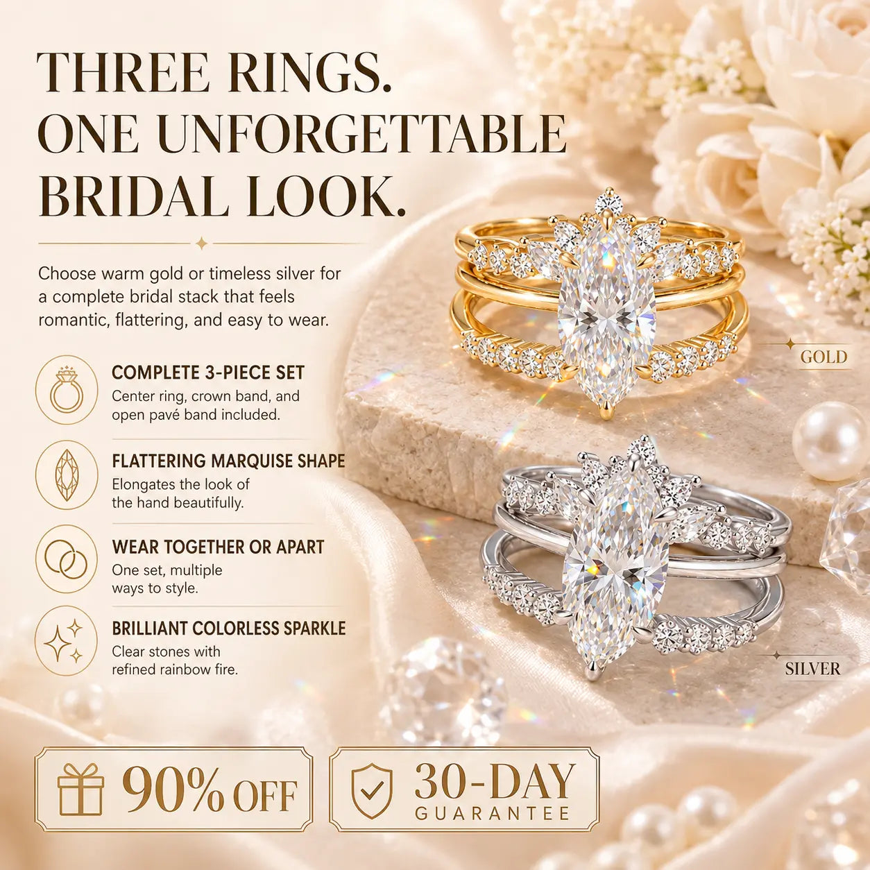 Three Rings, One Love Story — The Complete 3-Piece Marquise Moissanite Bridal Stack for the Promise, the Yes, and Forever After | Gold or Silver | Last Day Sale-90% OFF🔥