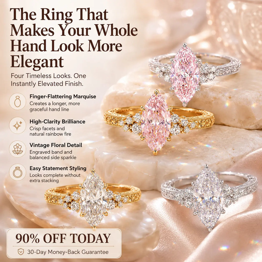 The Marquise Bloom Vintage Moissanite Ring — A Finger-Flattering Marquise Silhouette with Romantic Floral Details in Clear or Blush Pink | Last Day Sale-90% OFF🔥