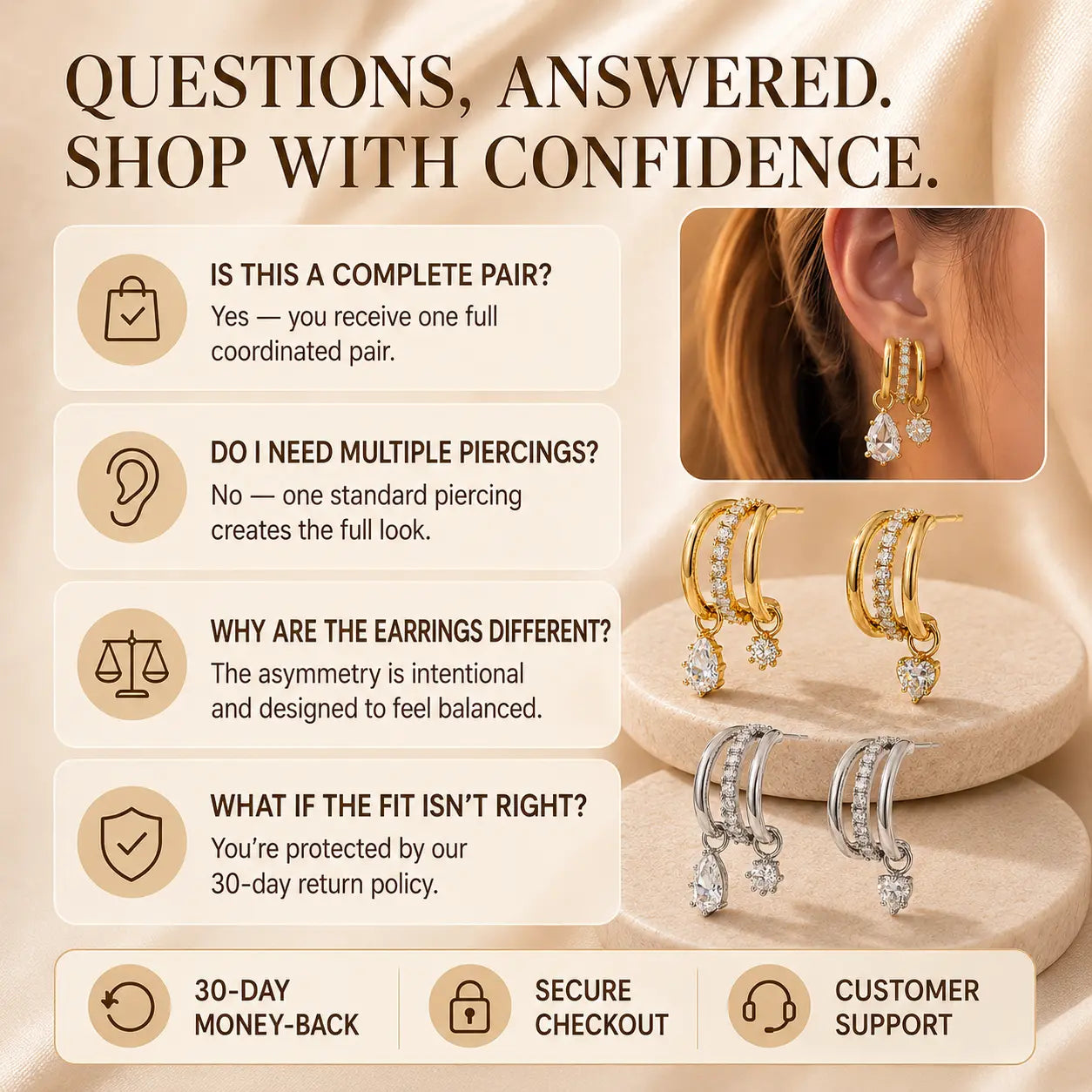 The Three Wishes™ Asymmetric Sparkle Hoop Earrings, One Piercing, A Whole Look — Asymmetric Triple-Row Sparkle Hoop Earrings with Floating Pear, Round & Heart Charms | Gold or Silver | Last Day Sale-90% OFF🔥