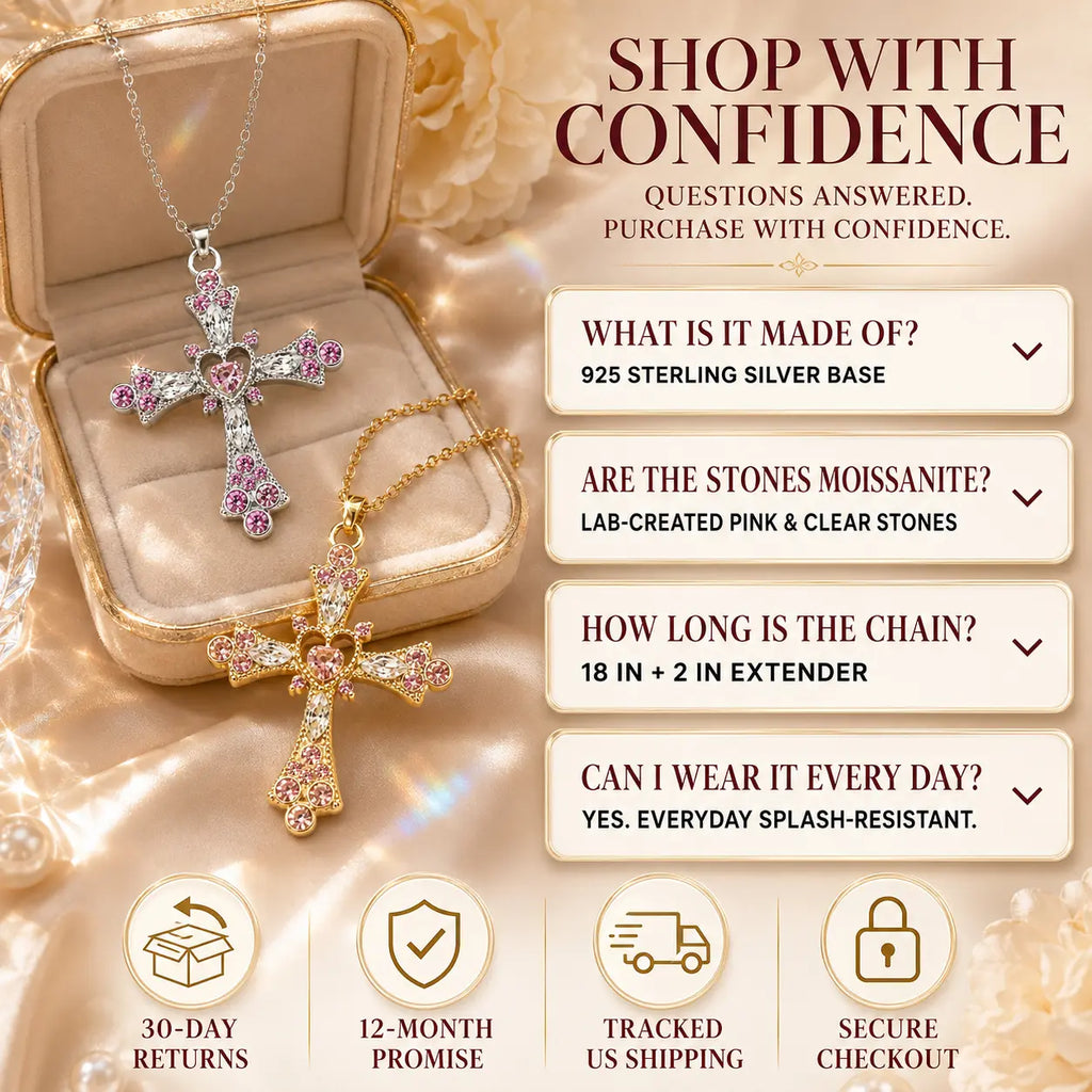 The Heart of Faith Pink Moissanite Cross Necklace — A Feminine Heart-Centered Symbol of Love, Strength & Everyday Sparkle in Gold or Silver | Last Day Sale-90% OFF🔥