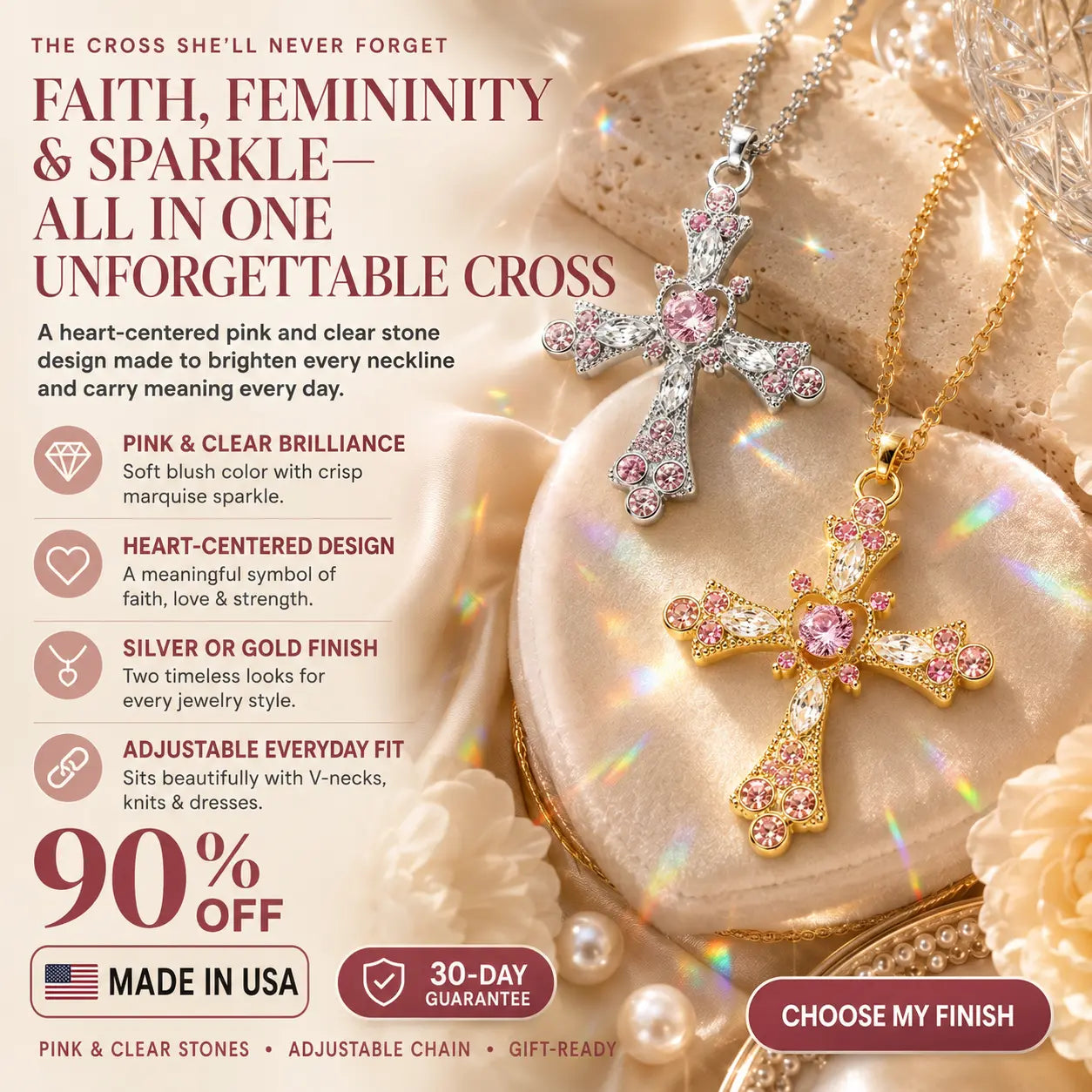The Heart of Faith Pink Moissanite Cross Necklace — A Feminine Heart-Centered Symbol of Love, Strength & Everyday Sparkle in Gold or Silver | Last Day Sale-90% OFF🔥