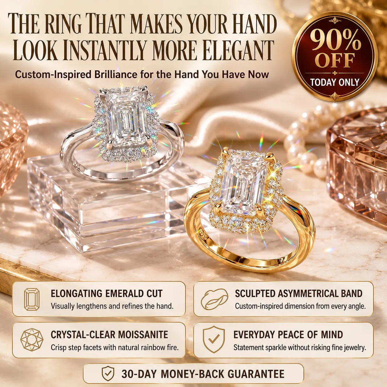 The Crystal-Clear Elongated Step-Cut Moissanite Halo Ring — Visually Lengthens Your Fingers, Frames the Center With Brilliant Micro-Pavé Sparkle & Delivers a Custom-Luxury Look Without the Fine-Jewelry Worry | Gold or Silver | Last Day Sale-90% OFF🔥