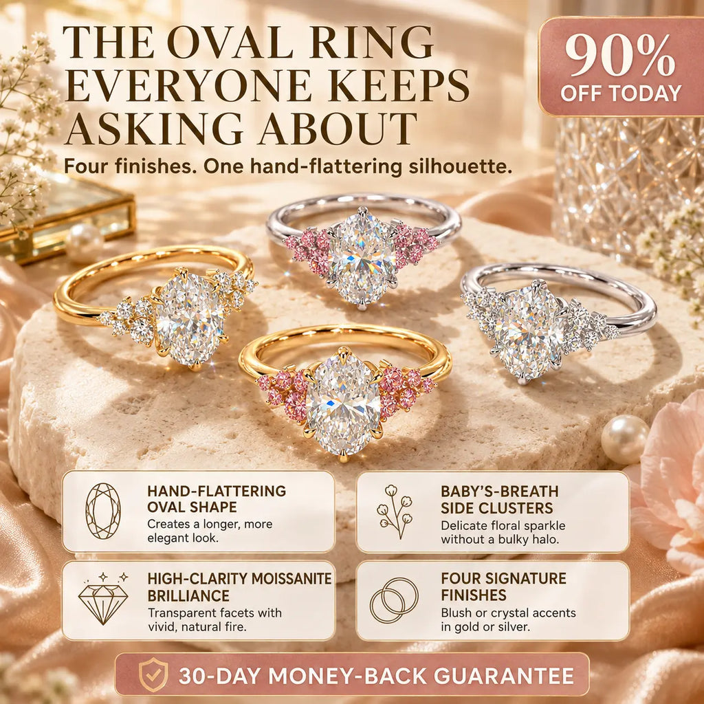 The Blush Bloom™ Oval Moissanite Ring — A Brilliant Oval Center Framed by Delicate Baby’s-Breath Sapphire Clusters in Gold or Silver | Last Day Sale-90% OFF🔥