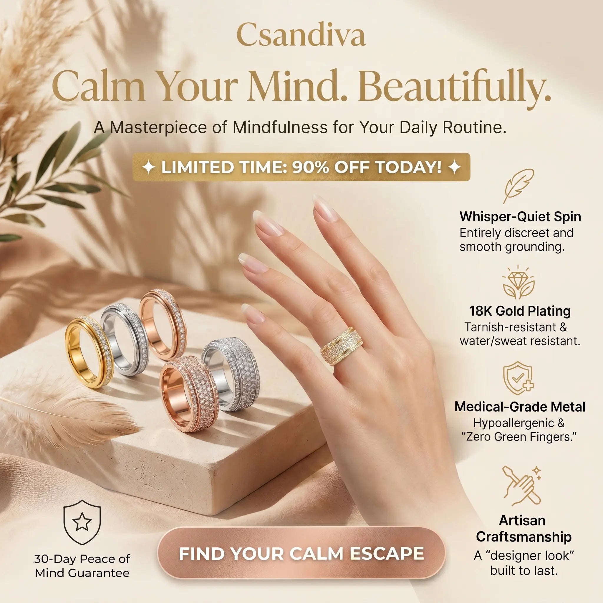 The Viral 18K Artisan Mindfulness Spinner Ring | Whisper-Quiet Elegance, Zero Green Fingers & A $10,000 Look | Last Day Sale-90% OFF🔥