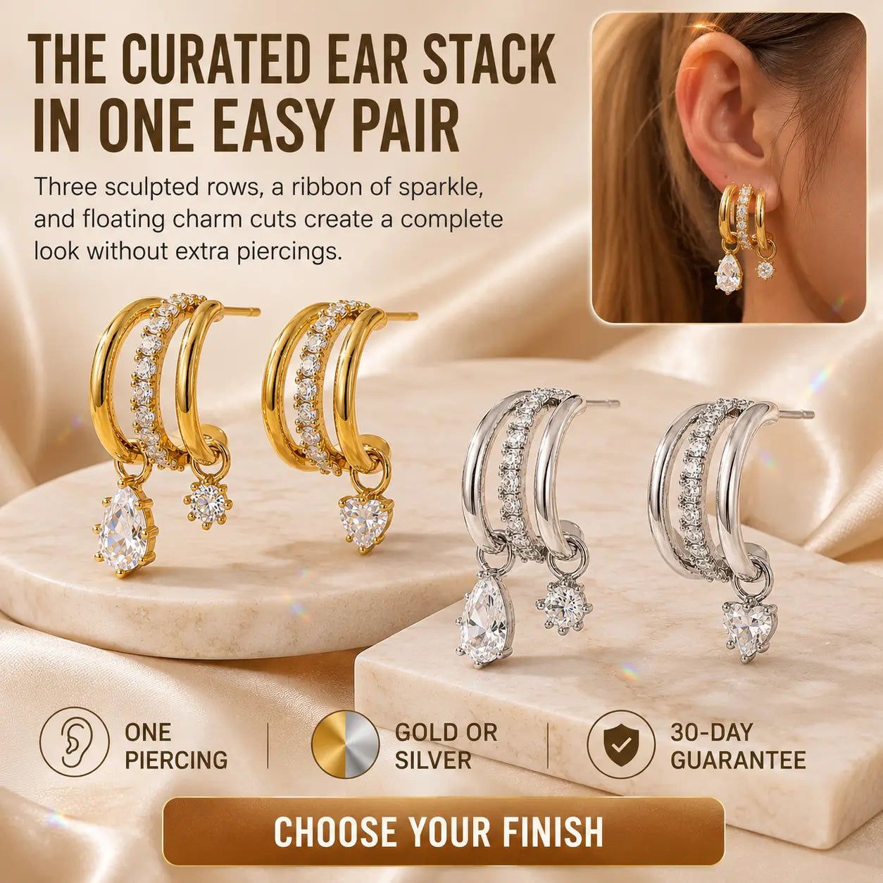 The Three Wishes™ Asymmetric Sparkle Hoop Earrings, One Piercing, A Whole Look — Asymmetric Triple-Row Sparkle Hoop Earrings with Floating Pear, Round & Heart Charms | Gold or Silver | Last Day Sale-90% OFF🔥