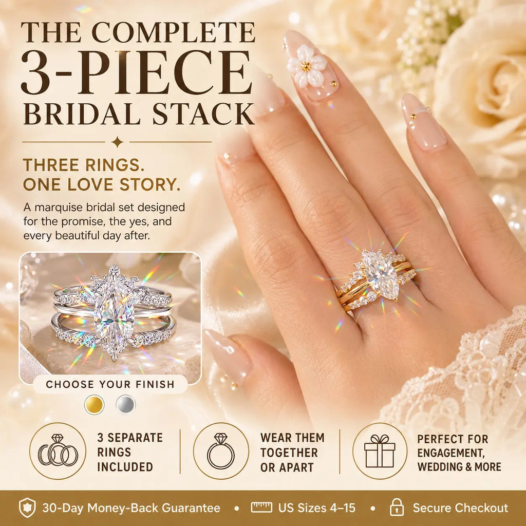 Three Rings, One Love Story — The Complete 3-Piece Marquise Moissanite Bridal Stack for the Promise, the Yes, and Forever After | Gold or Silver | Last Day Sale-90% OFF🔥