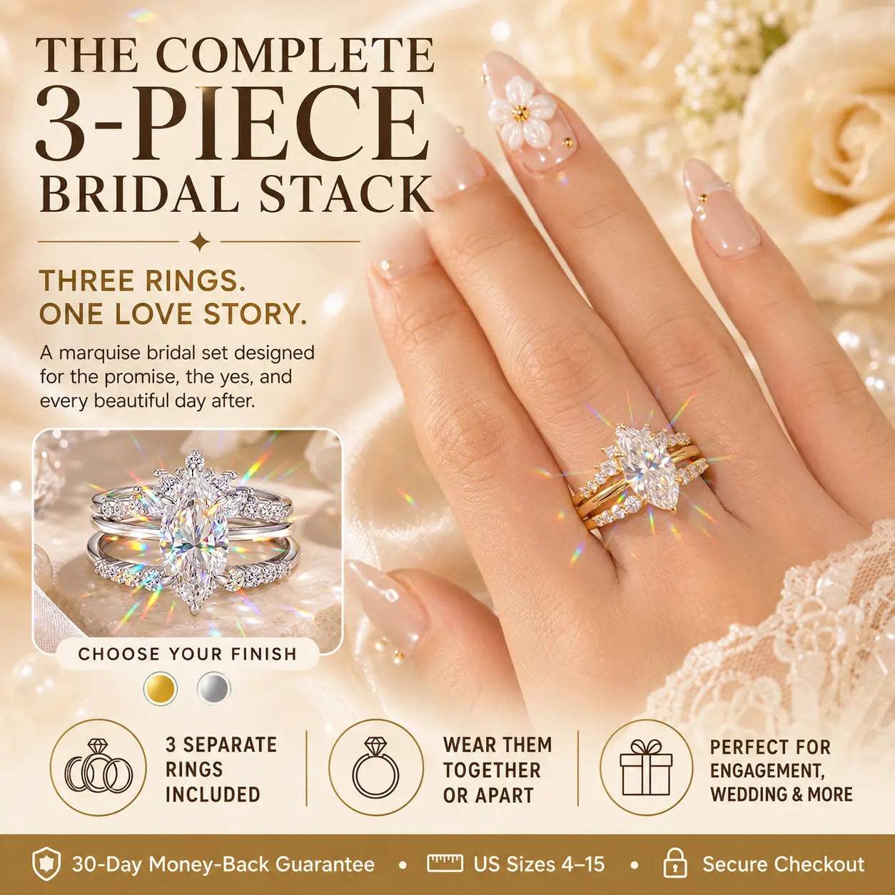 Three Rings, One Love Story — The Complete 3-Piece Marquise Moissanite Bridal Stack for the Promise, the Yes, and Forever After | Gold or Silver | Last Day Sale-90% OFF🔥