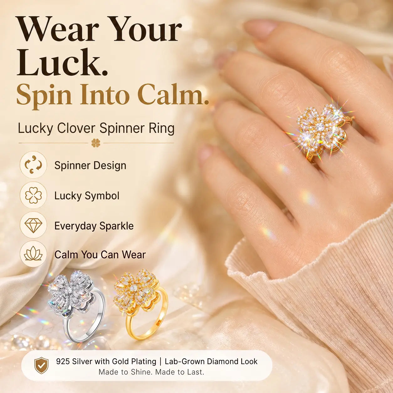 Lucky Clover Spinner Ring – Wear Your Luck, Spin Into Calm | 925 Sterling Silver & Lab-Grown Diamond Sparkle | Gold or Silver | Last Day Sale-90% OFF🔥