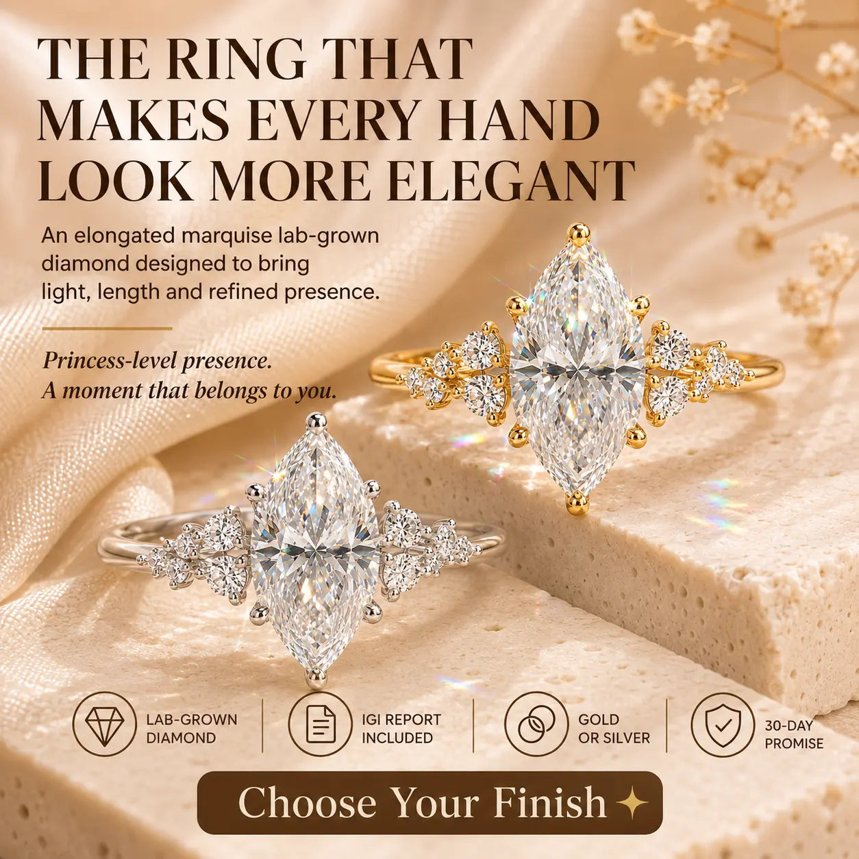 The Everglow Marquise™ Lab-Grown Diamond Ring — A Brilliant, Hand-Elongating Statement Made for Love, Milestones & Choosing Yourself | Gold or Silver | Last Day Sale-90% OFF🔥