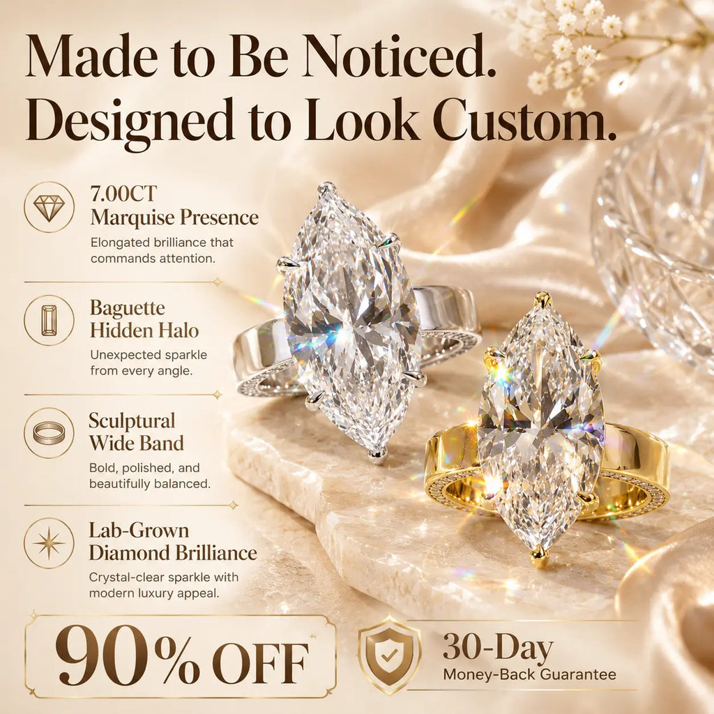 Made to Be Noticed — 7.00CT Marquise Lab-Grown Diamond Ring with Baguette Hidden Halo & Custom-Look Brilliance | Gold or Silver | Last Day Sale-90% OFF🔥