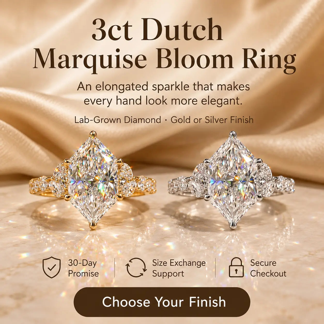 3ct Dutch Marquise Bloom Lab-Grown Diamond Ring — A Finger-Flattering Statement of Brilliant Sparkle & Custom-Look Elegance | Gold or Silver | Last Day Sale-90% OFF🔥