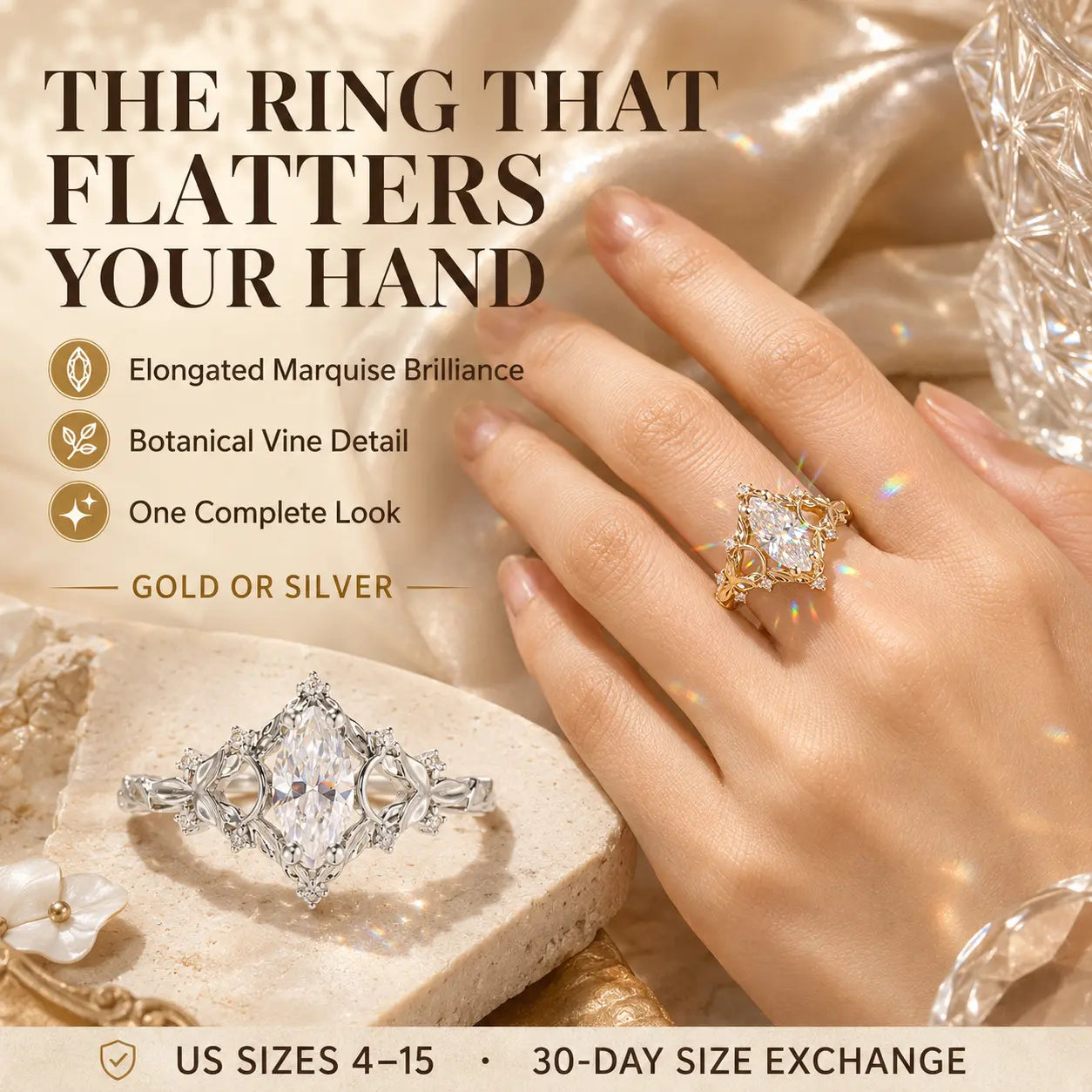 The Evergrowth™ Marquise Vine Moissanite Ring — An Elongated, Hand-Flattering Botanical Heirloom Design With Brilliant Fire in Gold or Silver | Last Day Sale-90% OFF🔥
