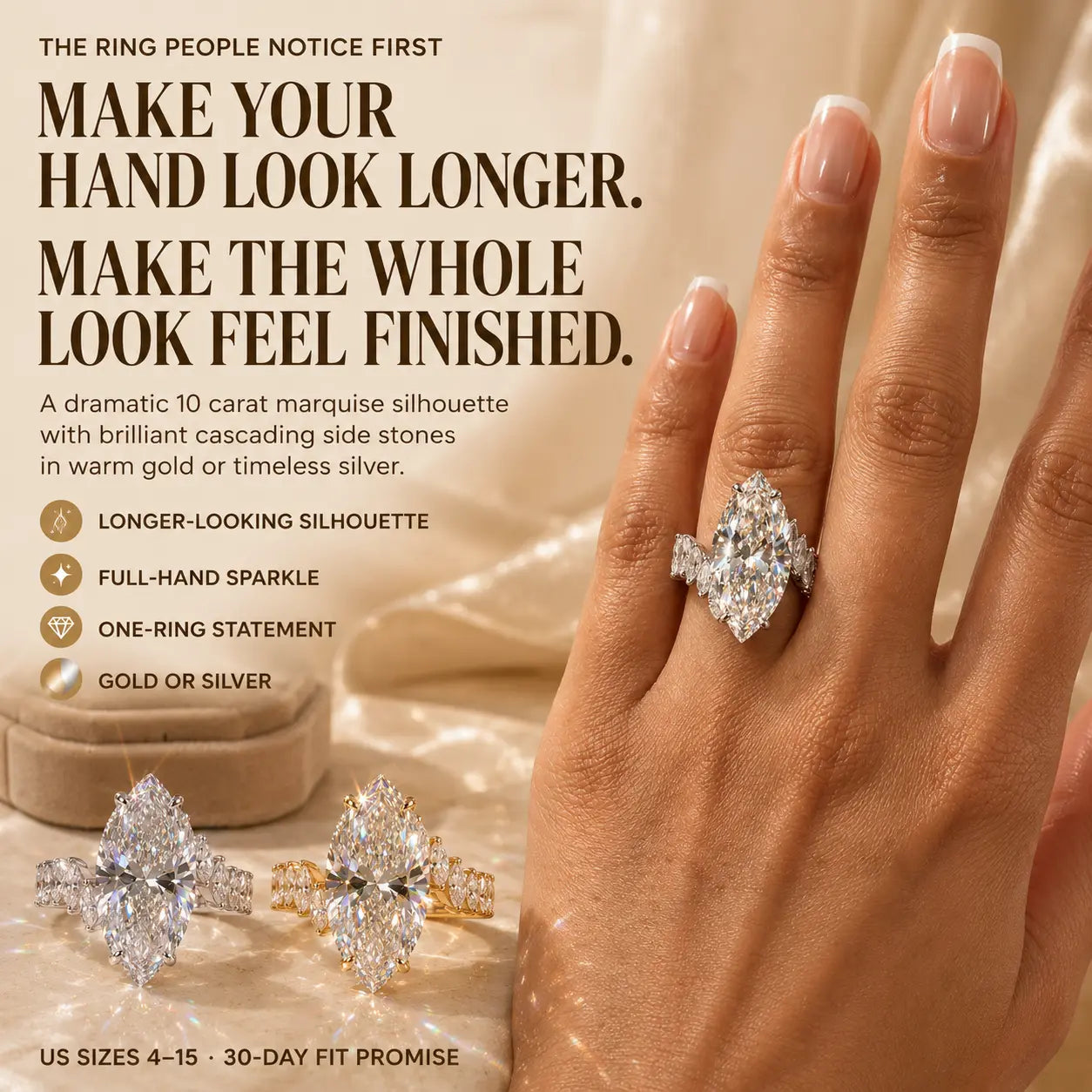 The Marquise Cascade Lab-Grown Diamond Ring — A 10-Carat Statement That Makes Fingers Look Longer, Delivers Full-Hand Sparkle & Finishes Every Look in One Ring | Gold or Silver | Last Day Sale-90% OFF🔥