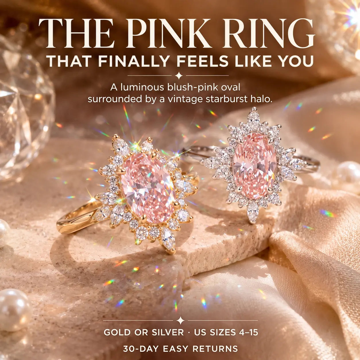 The Blush Aurora Pink Oval Moissanite Ring — A Luminous Blush Center, Flattering Oval Shape & Vintage Starburst Halo Made to Celebrate the Woman You’ve Become | Gold or Silver | Last Day Sale-90% OFF🔥