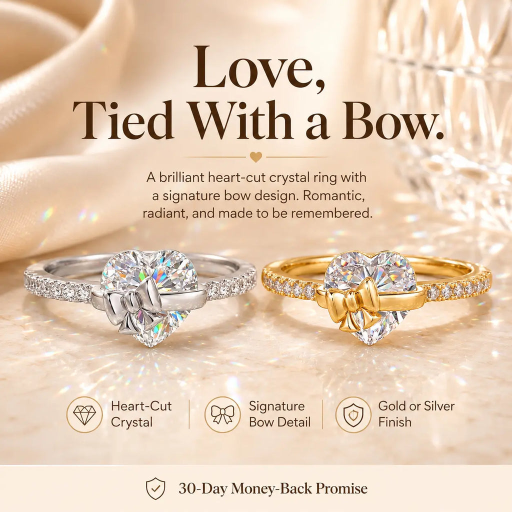 The Heart-Tied Bow Ring — A Brilliant Heart-Cut Crystal Statement Ring Made to Celebrate Love, Milestones & You | Gold or Silver | Last Day Sale-90% OFF🔥