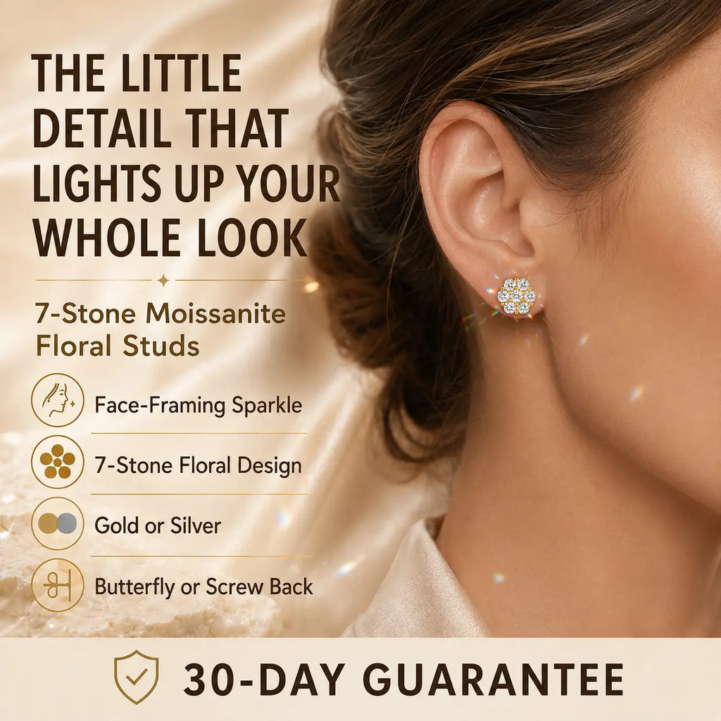 The Floral Stud Earrings That Make Every Look Shine — 7-Stone Moissanite Brilliance with Gold & Silver Finishes and Butterfly or Secure Screw Back Options | Gold or Silver | Last Day Sale-90% OFF🔥