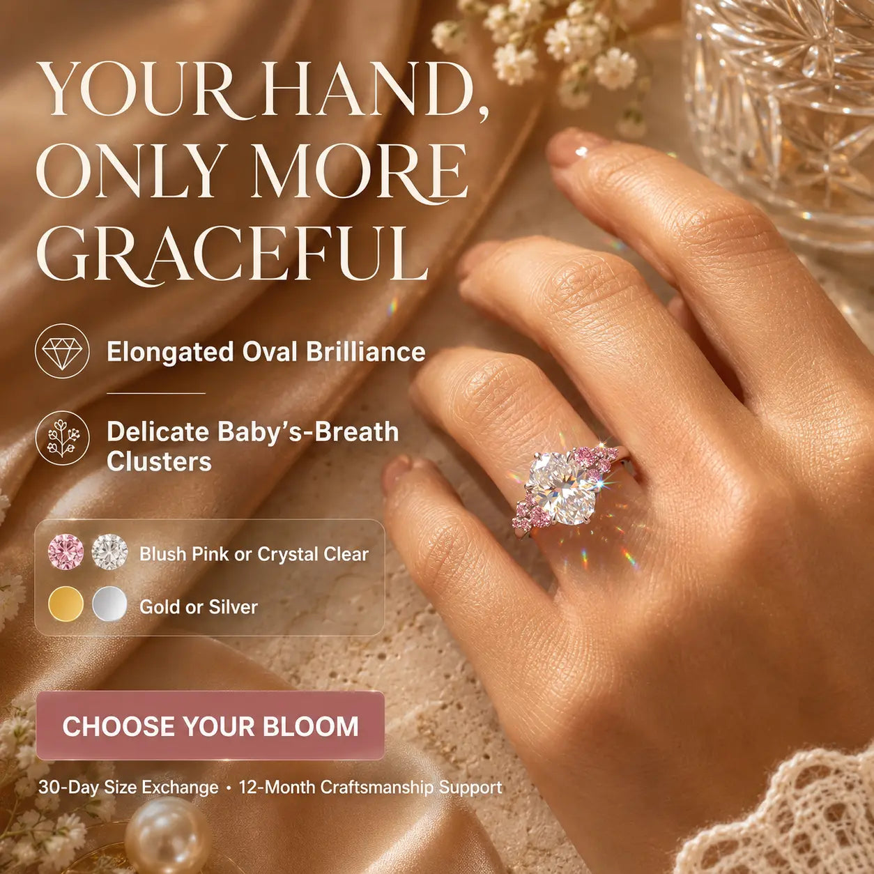 The Blush Bloom™ Oval Moissanite Ring — A Brilliant Oval Center Framed by Delicate Baby’s-Breath Sapphire Clusters in Gold or Silver | Last Day Sale-90% OFF🔥