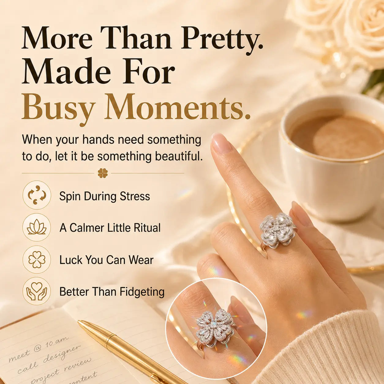 Lucky Clover Spinner Ring – Wear Your Luck, Spin Into Calm | 925 Sterling Silver & Lab-Grown Diamond Sparkle | Gold or Silver | Last Day Sale-90% OFF🔥