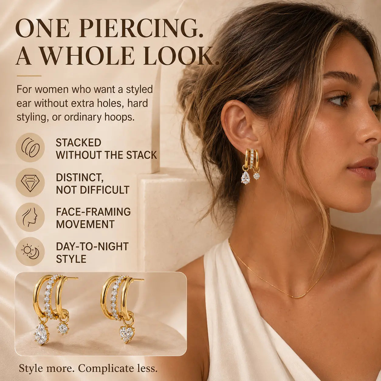 The Three Wishes™ Asymmetric Sparkle Hoop Earrings, One Piercing, A Whole Look — Asymmetric Triple-Row Sparkle Hoop Earrings with Floating Pear, Round & Heart Charms | Gold or Silver | Last Day Sale-90% OFF🔥
