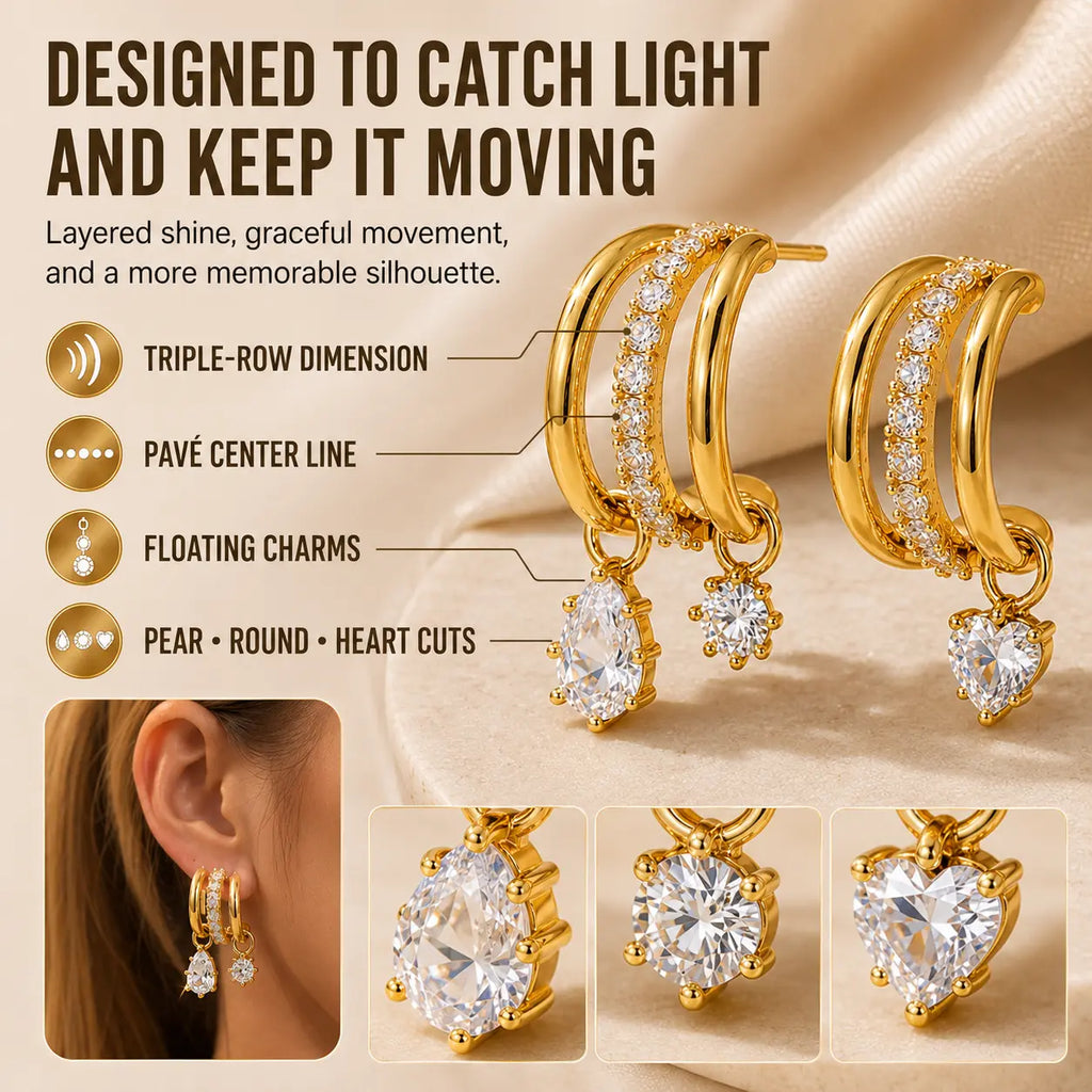 The Three Wishes™ Asymmetric Sparkle Hoop Earrings, One Piercing, A Whole Look — Asymmetric Triple-Row Sparkle Hoop Earrings with Floating Pear, Round & Heart Charms | Gold or Silver | Last Day Sale-90% OFF🔥