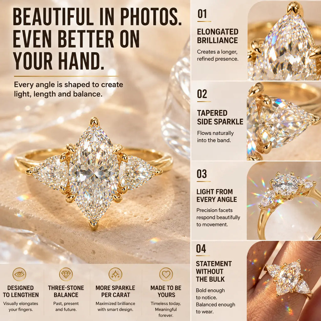 The Marquise Embrace™ Lab-Grown Diamond Three-Stone Ring – Elongated Brilliance, Flattering Elegance & Meaning for Every Chapter | Gold or Silver | Last Day Sale-90% OFF🔥