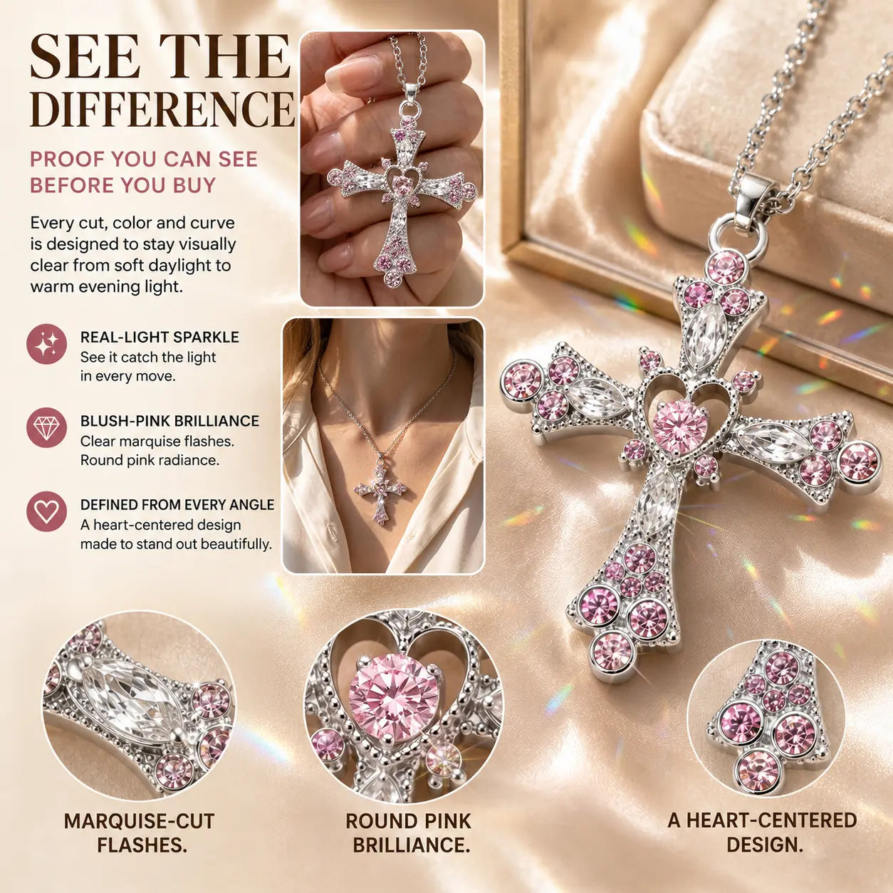 The Heart of Faith Pink Moissanite Cross Necklace — A Feminine Heart-Centered Symbol of Love, Strength & Everyday Sparkle in Gold or Silver | Last Day Sale-90% OFF🔥