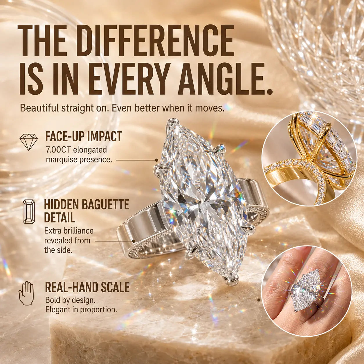 Made to Be Noticed — 7.00CT Marquise Lab-Grown Diamond Ring with Baguette Hidden Halo & Custom-Look Brilliance | Gold or Silver | Last Day Sale-90% OFF🔥