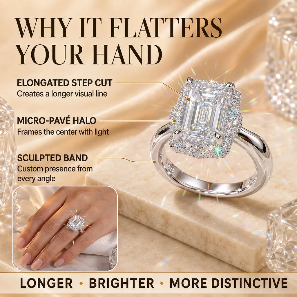 The Crystal-Clear Elongated Step-Cut Moissanite Halo Ring — Visually Lengthens Your Fingers, Frames the Center With Brilliant Micro-Pavé Sparkle & Delivers a Custom-Luxury Look Without the Fine-Jewelry Worry | Gold or Silver | Last Day Sale-90% OFF🔥