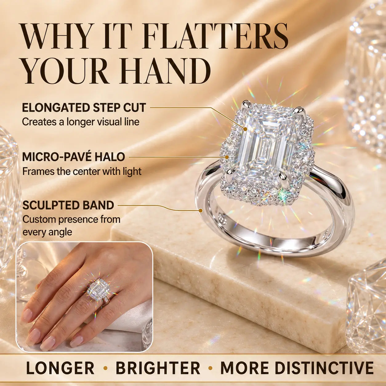 The Crystal-Clear Elongated Step-Cut Moissanite Halo Ring — Visually Lengthens Your Fingers, Frames the Center With Brilliant Micro-Pavé Sparkle & Delivers a Custom-Luxury Look Without the Fine-Jewelry Worry | Gold or Silver | Last Day Sale-90% OFF🔥