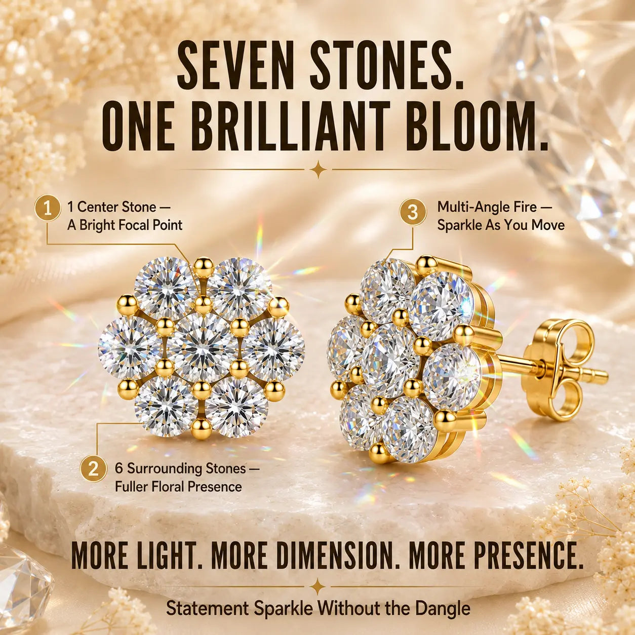 The Floral Stud Earrings That Make Every Look Shine — 7-Stone Moissanite Brilliance with Gold & Silver Finishes and Butterfly or Secure Screw Back Options | Gold or Silver | Last Day Sale-90% OFF🔥