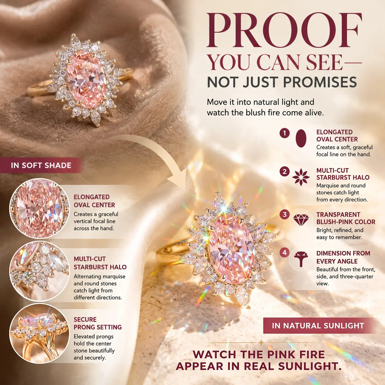 The Blush Aurora Pink Oval Moissanite Ring — A Luminous Blush Center, Flattering Oval Shape & Vintage Starburst Halo Made to Celebrate the Woman You’ve Become | Gold or Silver | Last Day Sale-90% OFF🔥