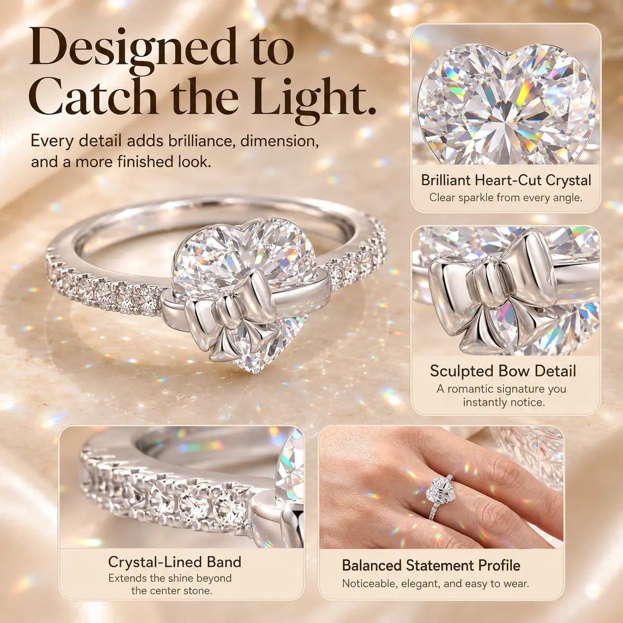 The Heart-Tied Bow Ring — A Brilliant Heart-Cut Crystal Statement Ring Made to Celebrate Love, Milestones & You | Gold or Silver | Last Day Sale-90% OFF🔥