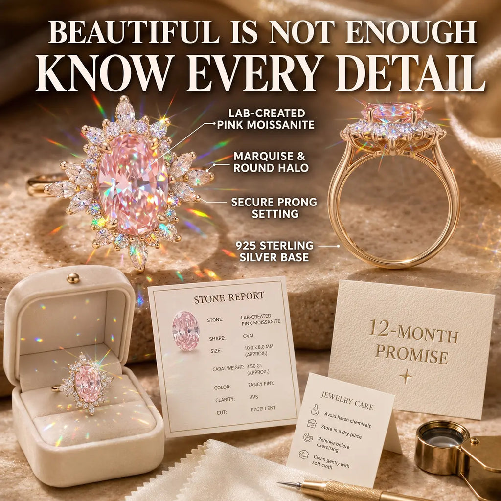 The Blush Aurora Pink Oval Moissanite Ring — A Luminous Blush Center, Flattering Oval Shape & Vintage Starburst Halo Made to Celebrate the Woman You’ve Become | Gold or Silver | Last Day Sale-90% OFF🔥