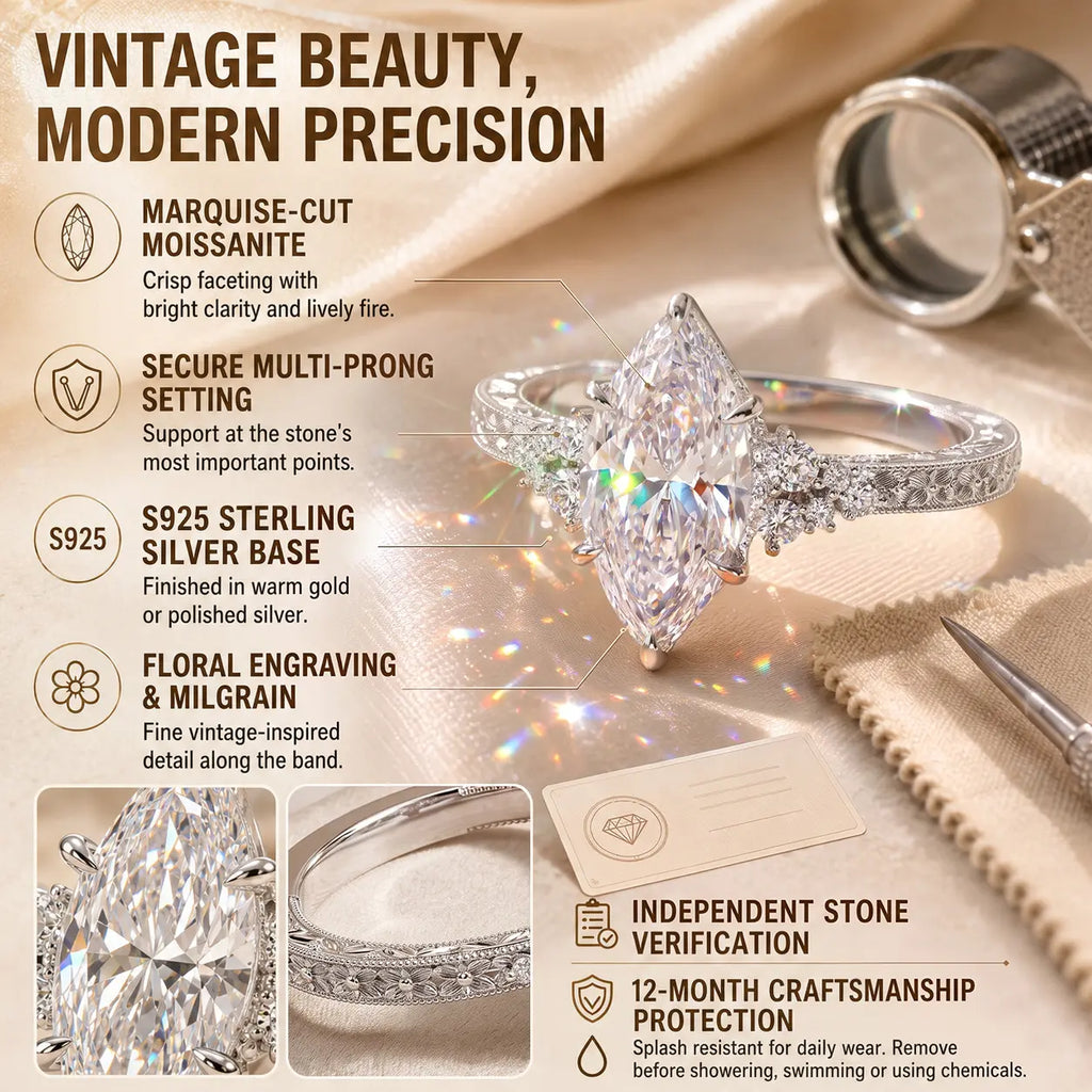 The Marquise Bloom Vintage Moissanite Ring — A Finger-Flattering Marquise Silhouette with Romantic Floral Details in Clear or Blush Pink | Last Day Sale-90% OFF🔥