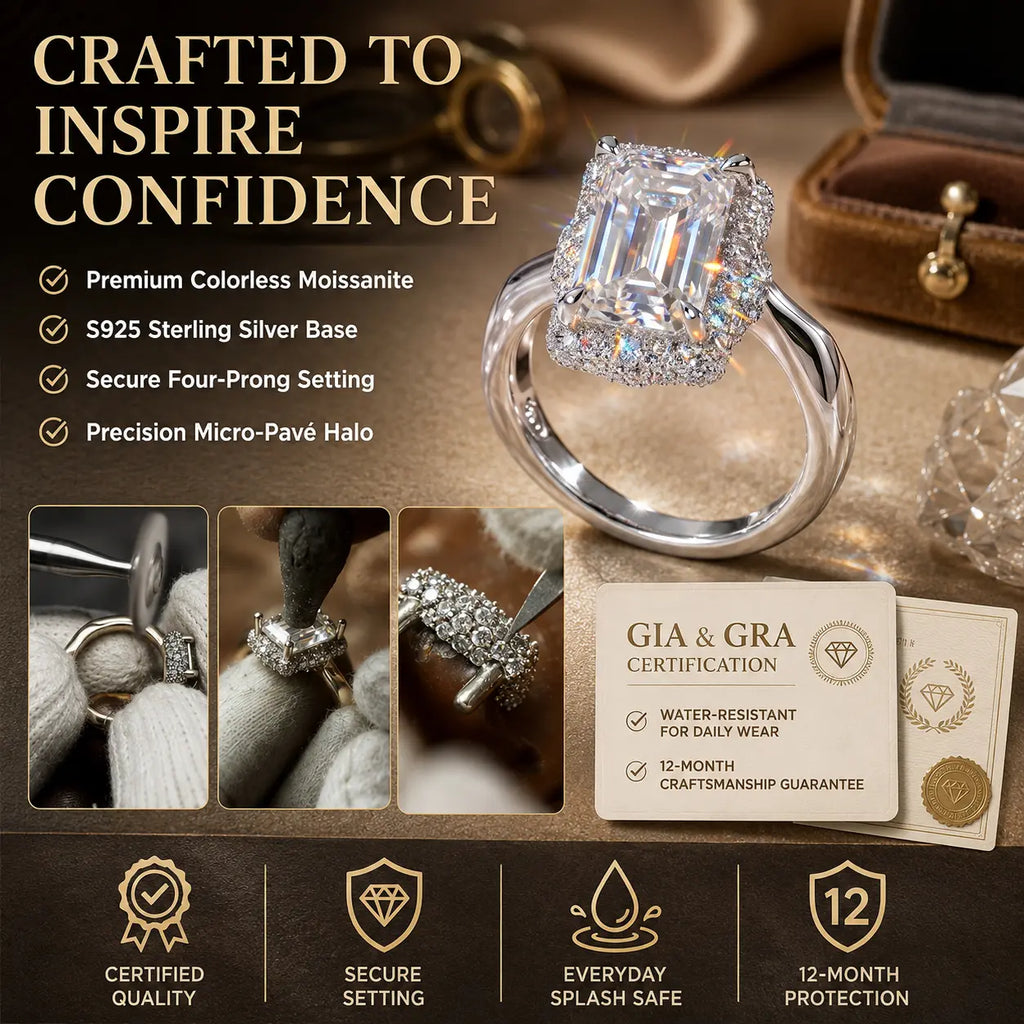 The Crystal-Clear Elongated Step-Cut Moissanite Halo Ring — Visually Lengthens Your Fingers, Frames the Center With Brilliant Micro-Pavé Sparkle & Delivers a Custom-Luxury Look Without the Fine-Jewelry Worry | Gold or Silver | Last Day Sale-90% OFF🔥