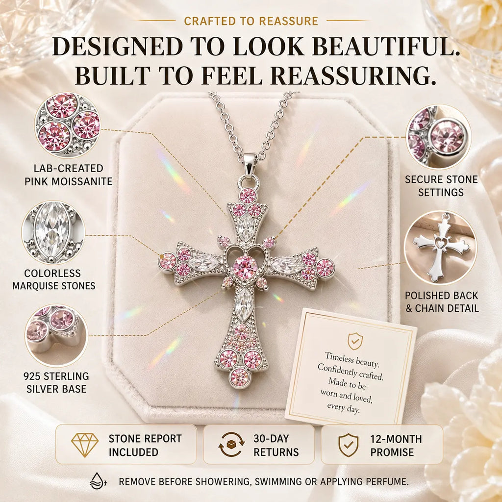 The Heart of Faith Pink Moissanite Cross Necklace — A Feminine Heart-Centered Symbol of Love, Strength & Everyday Sparkle in Gold or Silver | Last Day Sale-90% OFF🔥