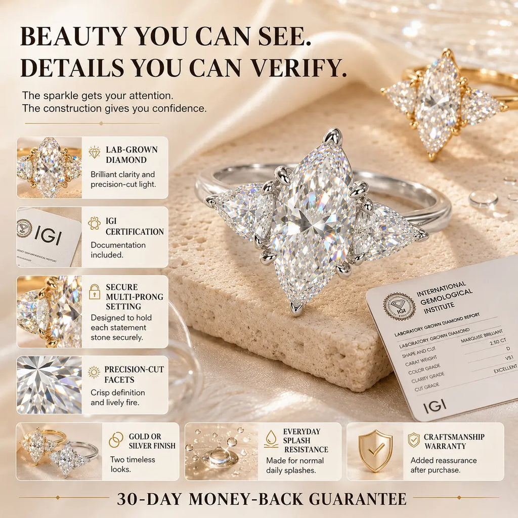 The Marquise Embrace™ Lab-Grown Diamond Three-Stone Ring – Elongated Brilliance, Flattering Elegance & Meaning for Every Chapter | Gold or Silver | Last Day Sale-90% OFF🔥