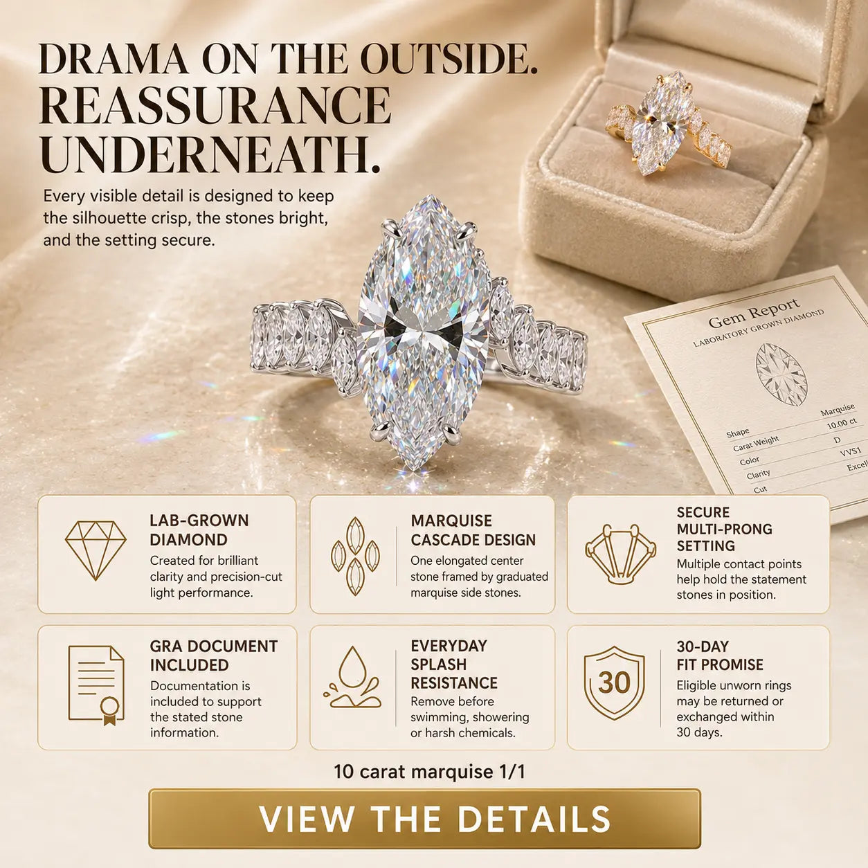 The Marquise Cascade Lab-Grown Diamond Ring — A 10-Carat Statement That Makes Fingers Look Longer, Delivers Full-Hand Sparkle & Finishes Every Look in One Ring | Gold or Silver | Last Day Sale-90% OFF🔥