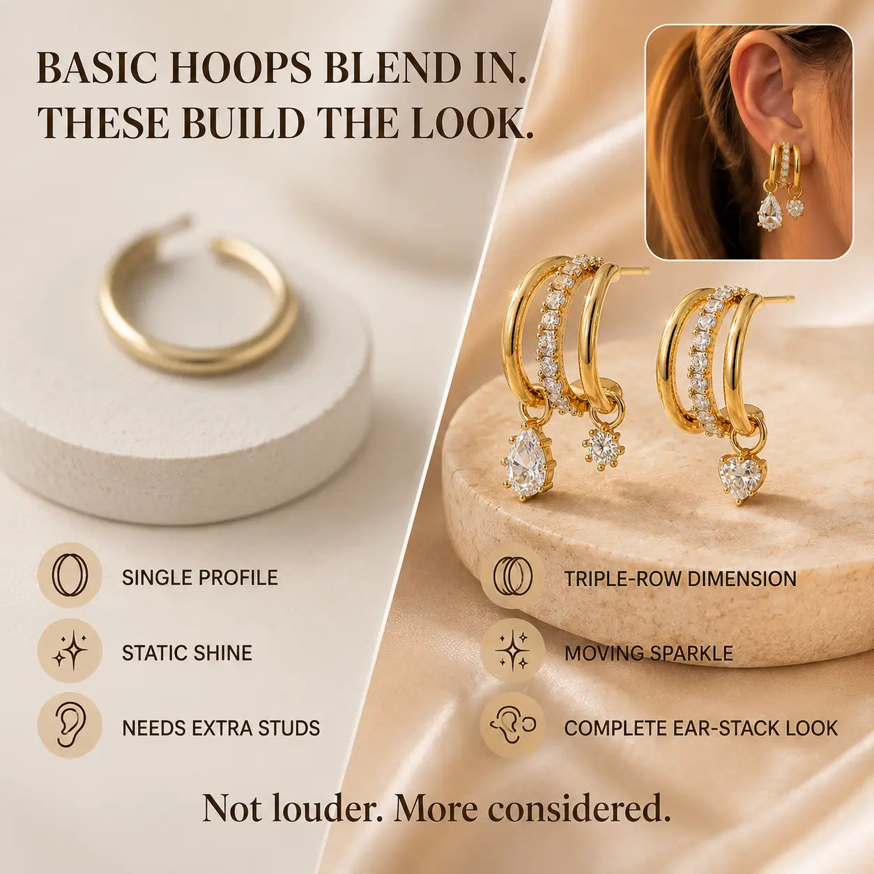 The Three Wishes™ Asymmetric Sparkle Hoop Earrings, One Piercing, A Whole Look — Asymmetric Triple-Row Sparkle Hoop Earrings with Floating Pear, Round & Heart Charms | Gold or Silver | Last Day Sale-90% OFF🔥