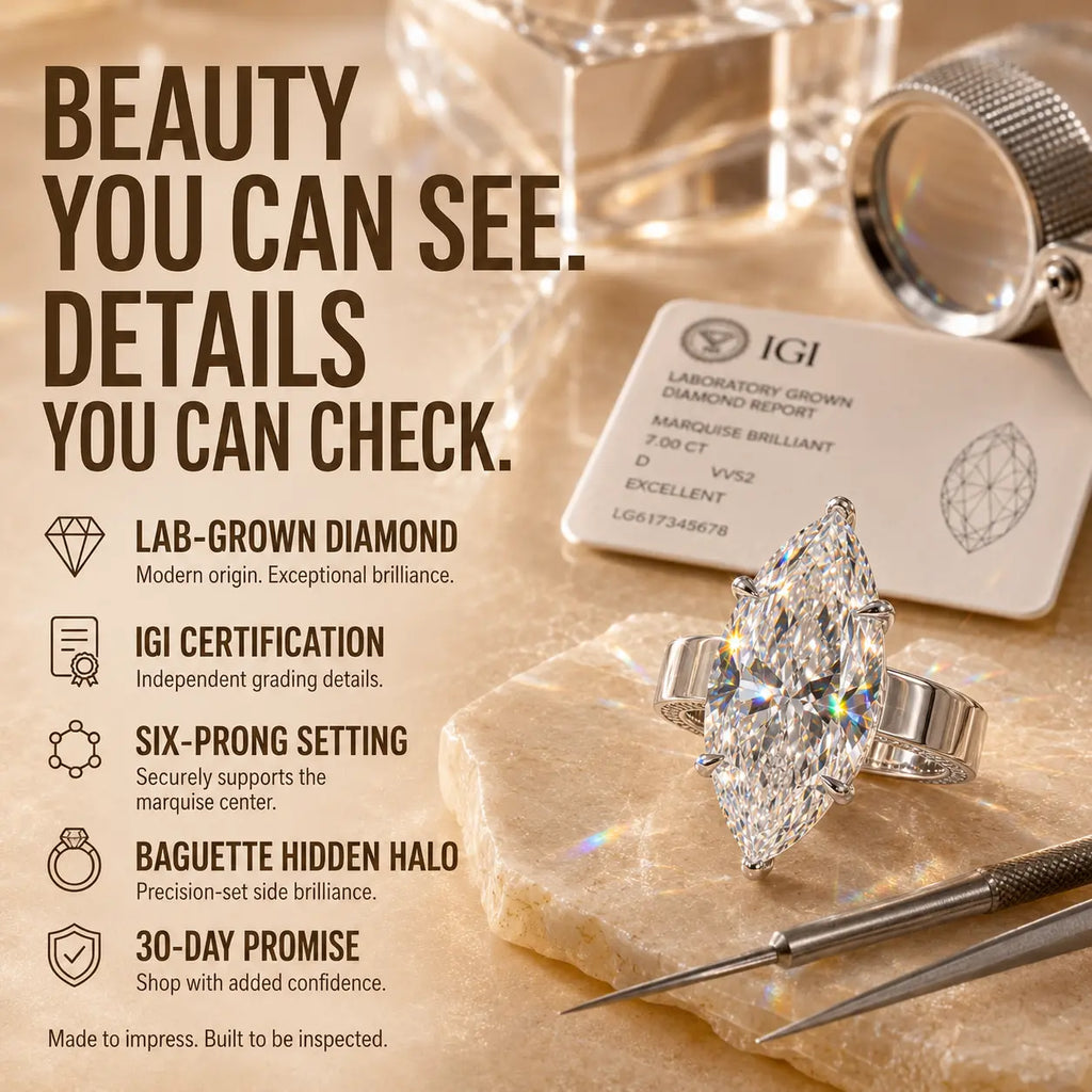 Made to Be Noticed — 7.00CT Marquise Lab-Grown Diamond Ring with Baguette Hidden Halo & Custom-Look Brilliance | Gold or Silver | Last Day Sale-90% OFF🔥
