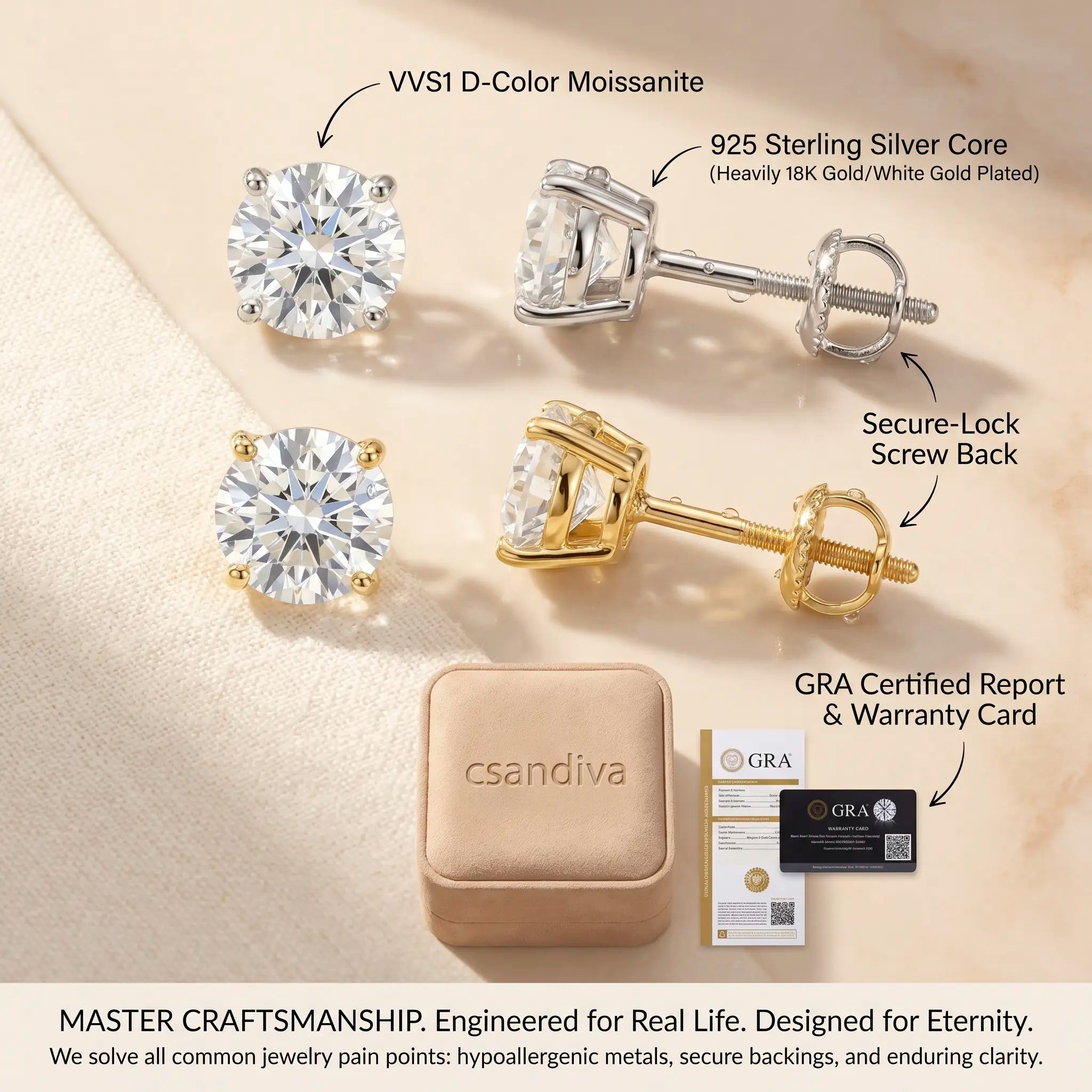 D-Color VVS1 Moissanite Stud Earrings — Exceptional Brilliance, Lightweight Comfort & Everyday Luxury Without the Diamond Price | Gold or Silver | Last Day Sale-90% OFF🔥