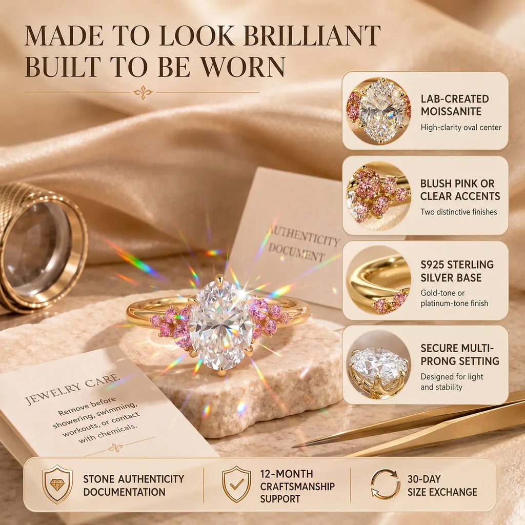 The Blush Bloom™ Oval Moissanite Ring — A Brilliant Oval Center Framed by Delicate Baby’s-Breath Sapphire Clusters in Gold or Silver | Last Day Sale-90% OFF🔥