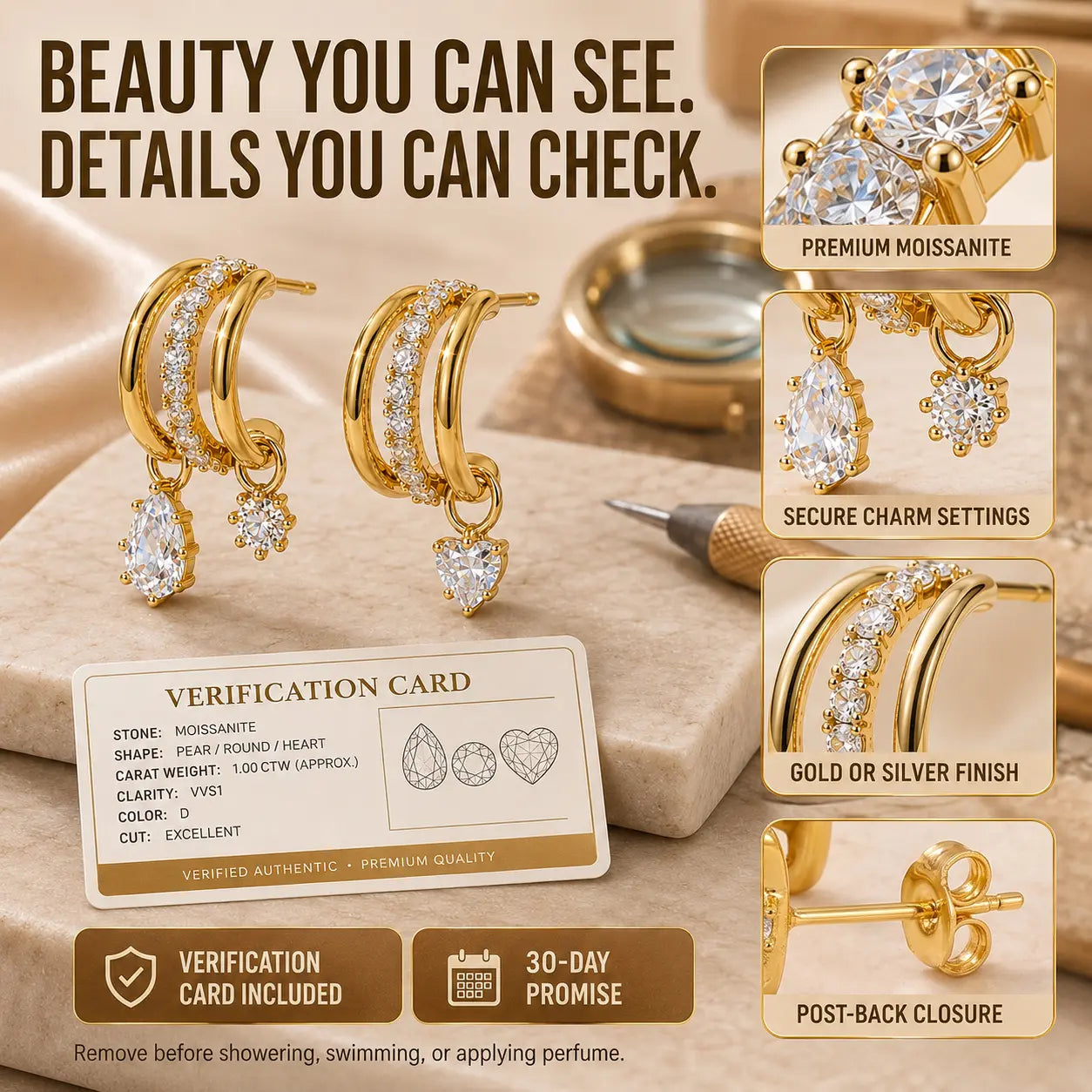 The Three Wishes™ Asymmetric Sparkle Hoop Earrings, One Piercing, A Whole Look — Asymmetric Triple-Row Sparkle Hoop Earrings with Floating Pear, Round & Heart Charms | Gold or Silver | Last Day Sale-90% OFF🔥
