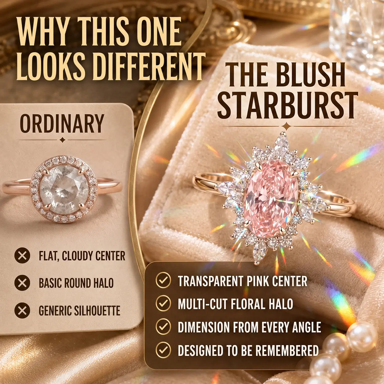 The Blush Aurora Pink Oval Moissanite Ring — A Luminous Blush Center, Flattering Oval Shape & Vintage Starburst Halo Made to Celebrate the Woman You’ve Become | Gold or Silver | Last Day Sale-90% OFF🔥