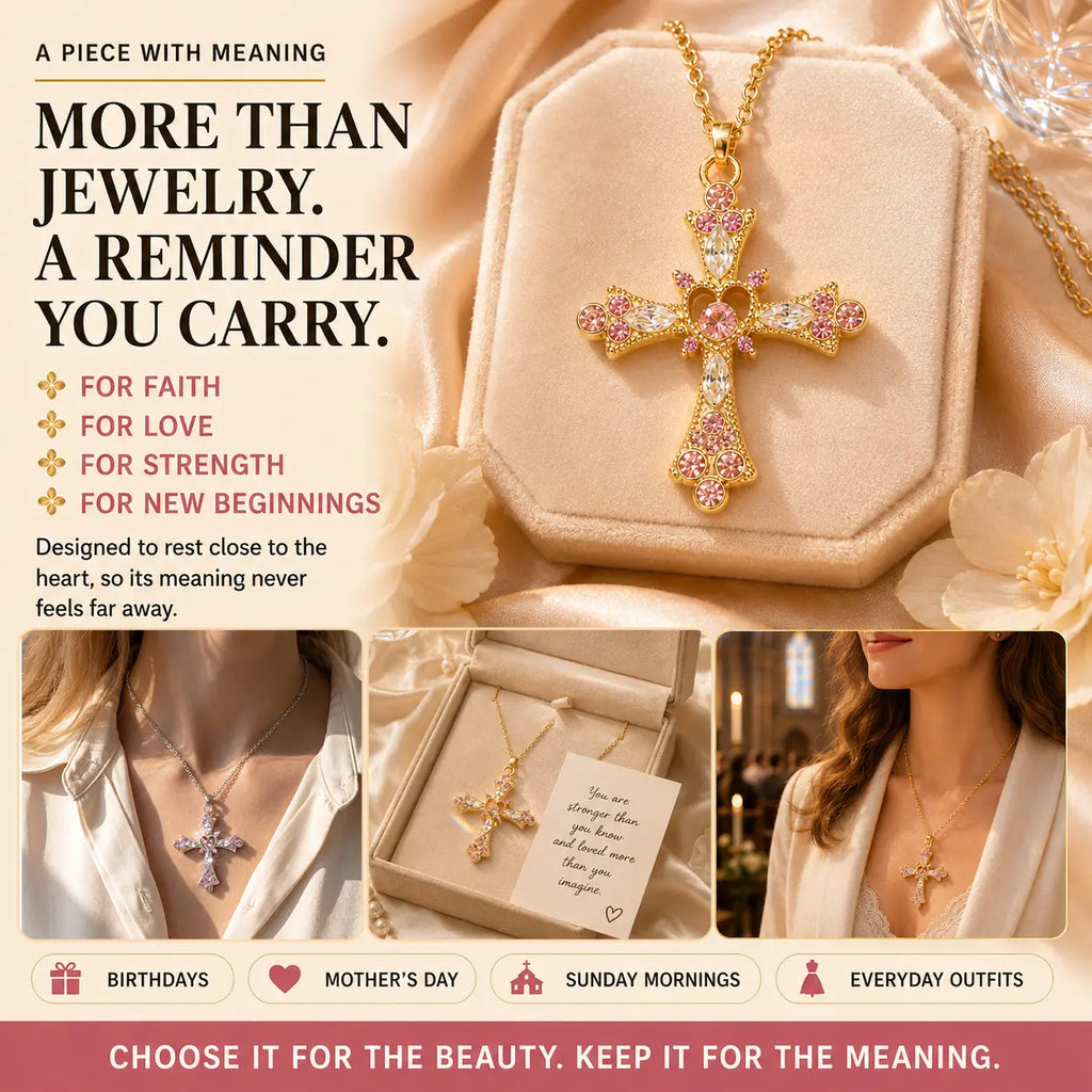 The Heart of Faith Pink Moissanite Cross Necklace — A Feminine Heart-Centered Symbol of Love, Strength & Everyday Sparkle in Gold or Silver | Last Day Sale-90% OFF🔥
