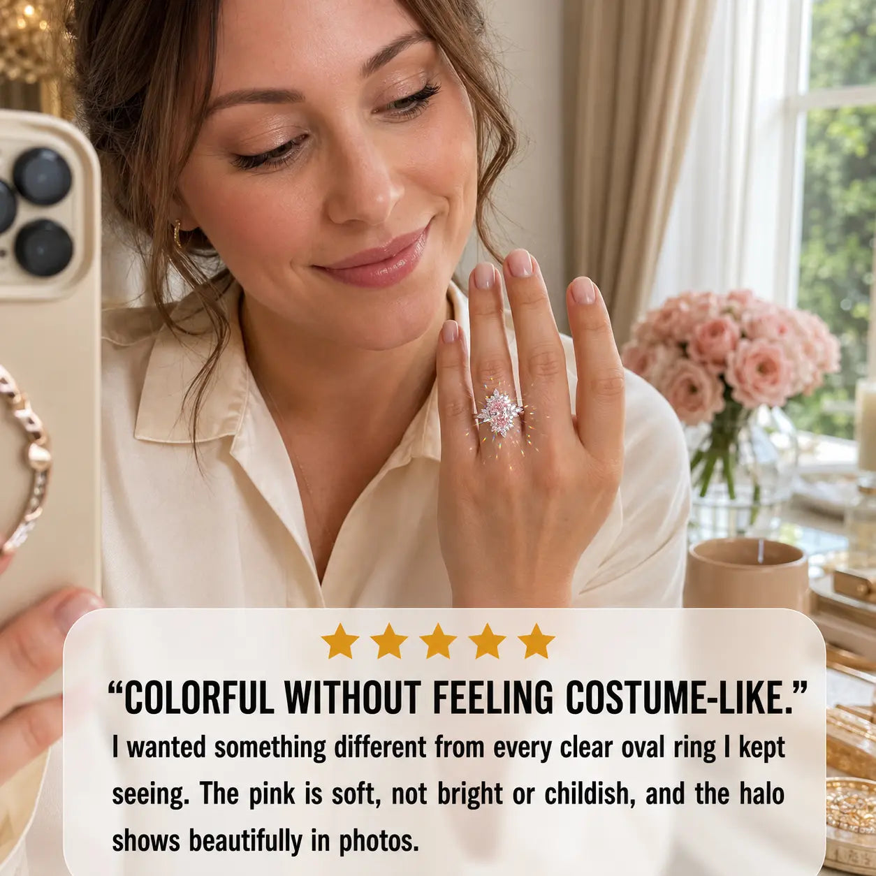 The Blush Aurora Pink Oval Moissanite Ring — A Luminous Blush Center, Flattering Oval Shape & Vintage Starburst Halo Made to Celebrate the Woman You’ve Become | Gold or Silver | Last Day Sale-90% OFF🔥